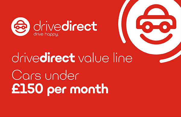 DriveDirect value line advert, cars under £150 per month, red background with logo.