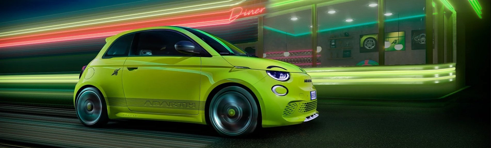 Bright green compact car parked near a diner with neon lights.