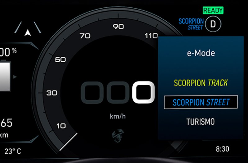 Car dashboard showing speedometer and drive mode options: Scorpion Track, Scorpion Street.