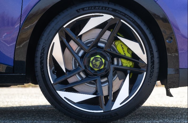 Close-up of a car wheel with stylish black and white rim design and Michelin tyre.