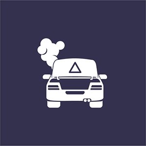 Icon of a car with a warning sign and smoke.