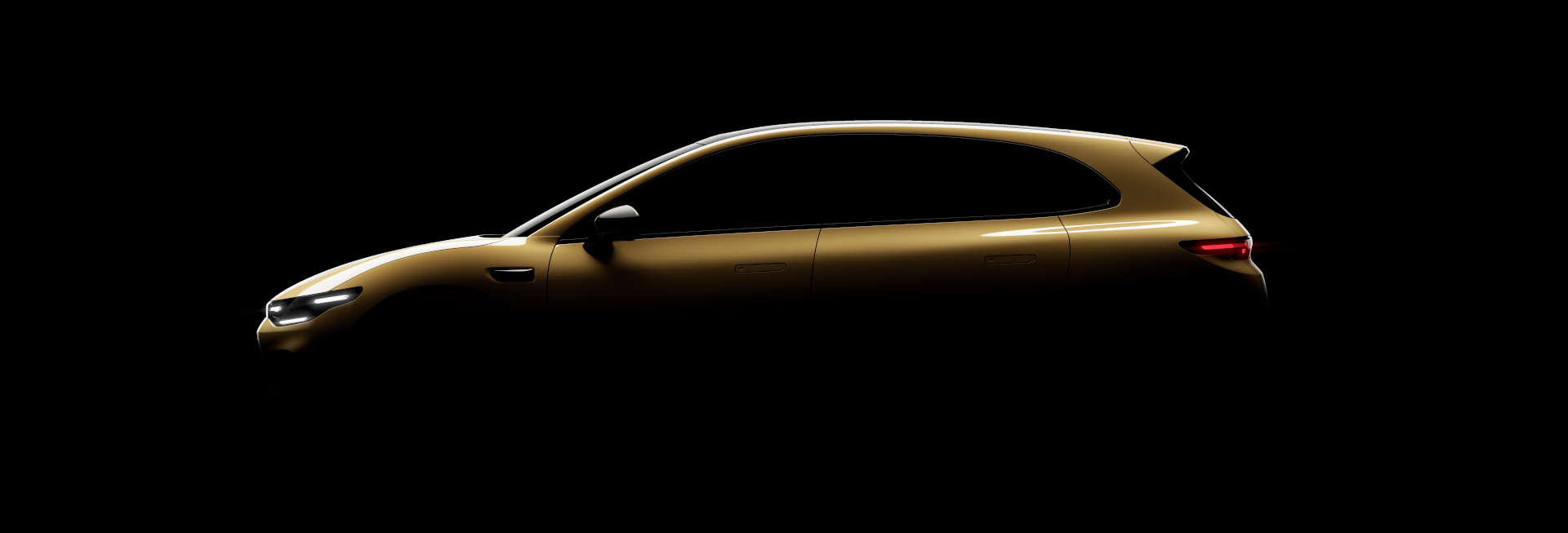 Profile view of a gold hatchback car with illuminated headlights and taillights.