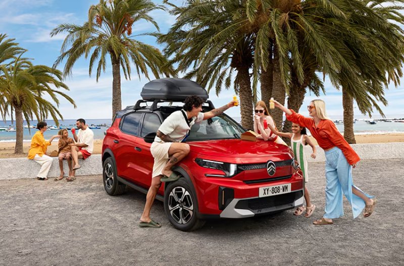 red C3 aircross roof bars and family on beach