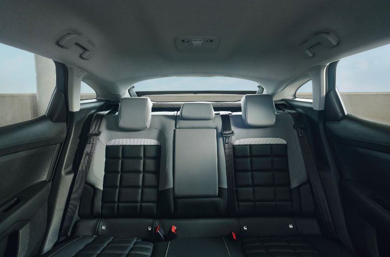 View of a car's rear seats and interior roof.