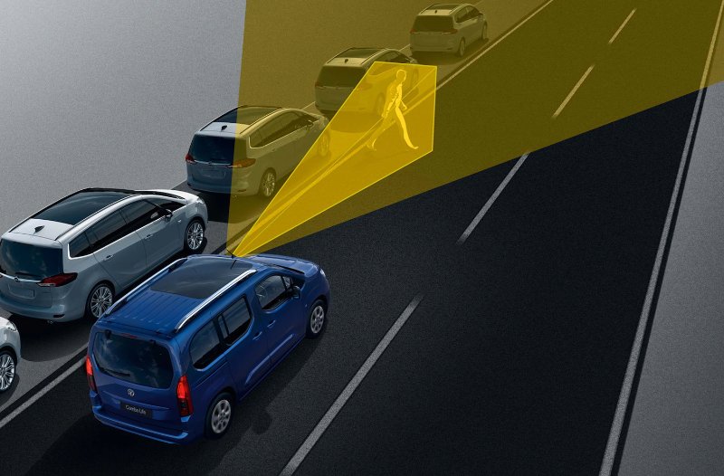 Blue car with pedestrian detection alert highlighted in yellow.