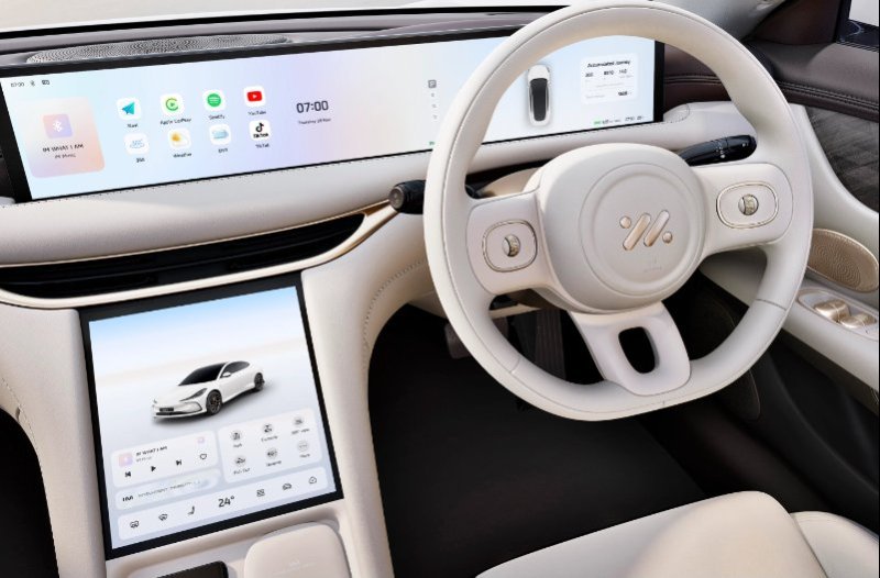 Car interior with digital dashboards and a white steering wheel.