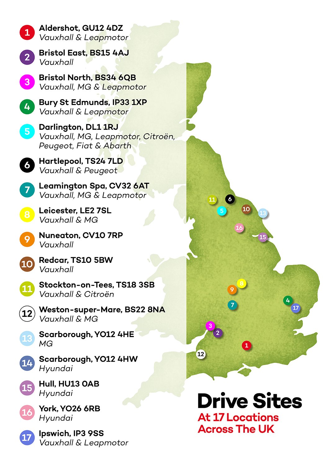 Map of 17 UK car dealership locations with manufacturer details.