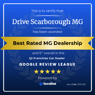 Certificate for Drive Scarborough MG, awarded Best Rated MG Dealership by Google Review League.