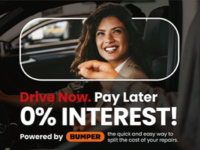 Woman smiling in car with text: Drive Now. Pay Later. 0% Interest! Powered by Bumper.
