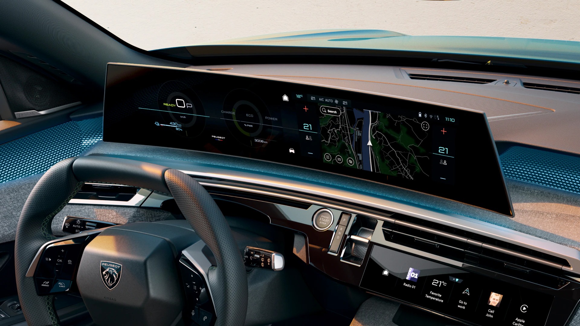 Car dashboard with digital display showing speed, navigation, and controls.