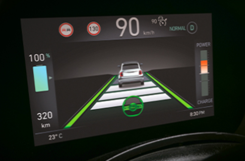 Car dashboard display showing speed, battery level, cruise control, and lane assist.