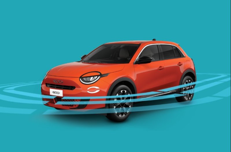 Orange hatchback car with stylised blue swirl lines around it.
