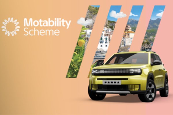 Yellow SUV with Panda on the front, alongside Motability Scheme logo and scenic images.