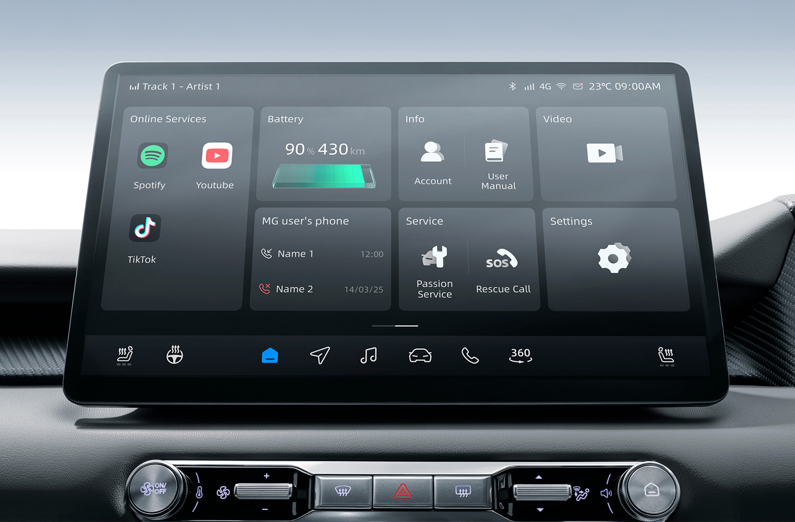 Car infotainment display showing apps, battery status, and various system settings.