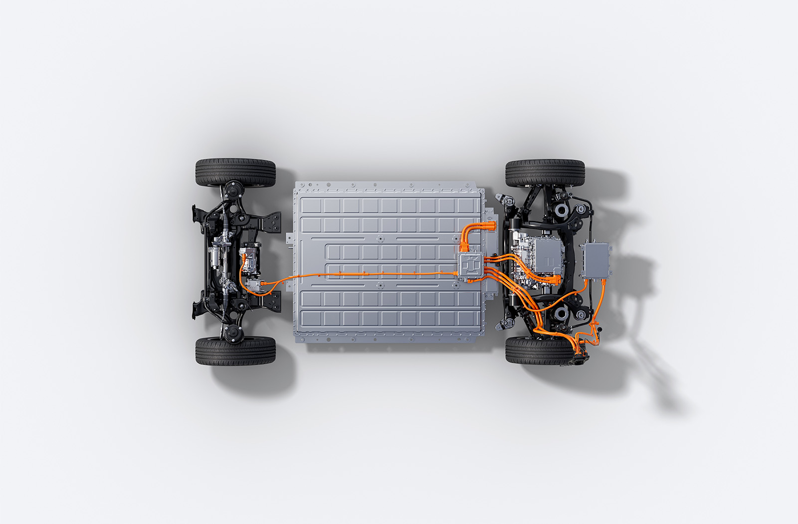 Electric vehicle chassis with battery pack and four wheels, viewed from above.