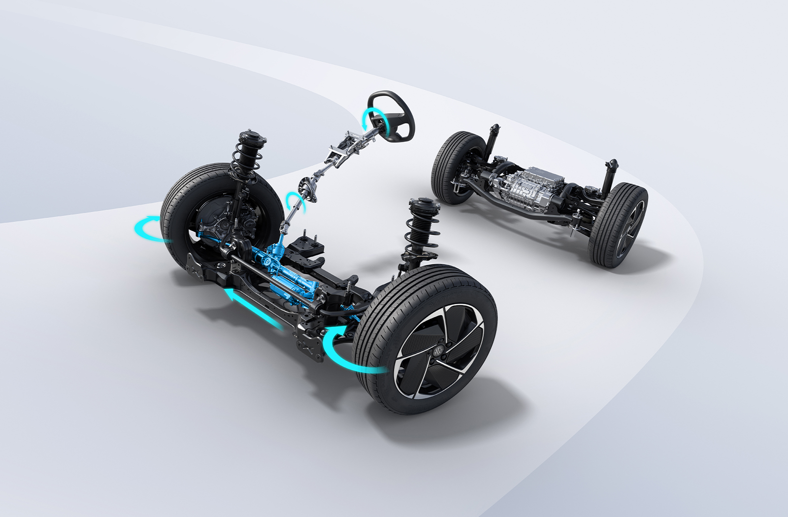 Car steering and suspension system rendered in 3D, showing components in detail.