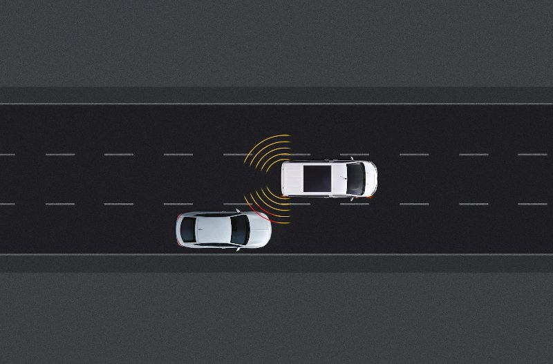 Two cars on a road, with radar waves indicating proximity sensors.