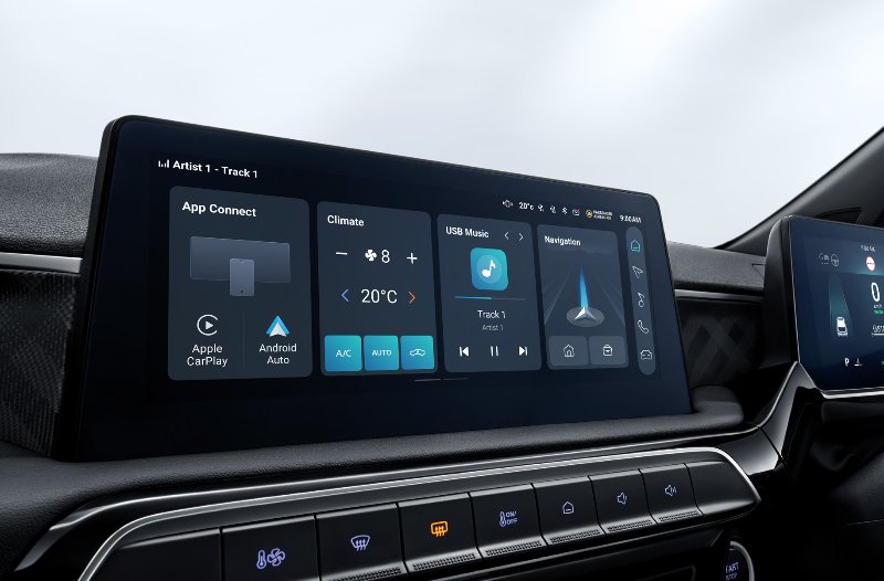 Car infotainment system displaying music, navigation, and climate controls.