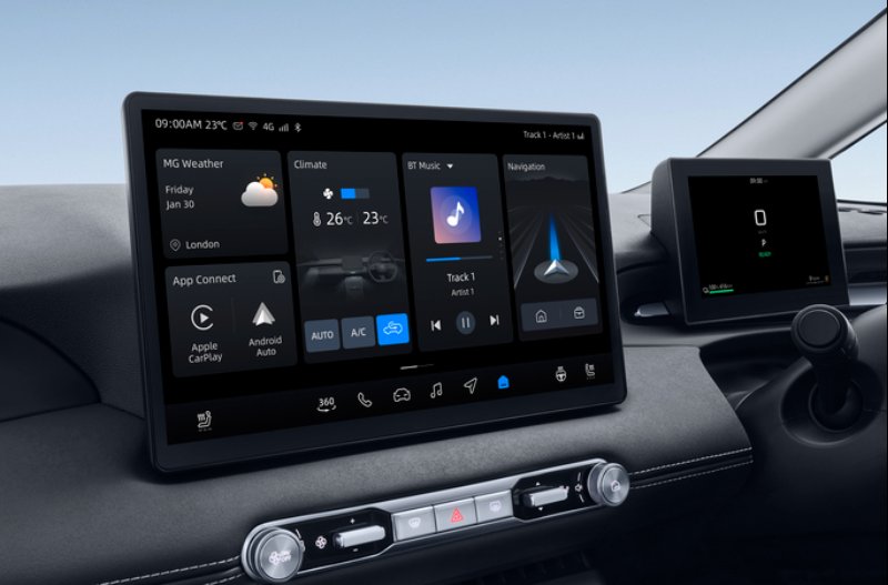 Car dashboard with digital display showing weather, climate, music, and navigation controls.