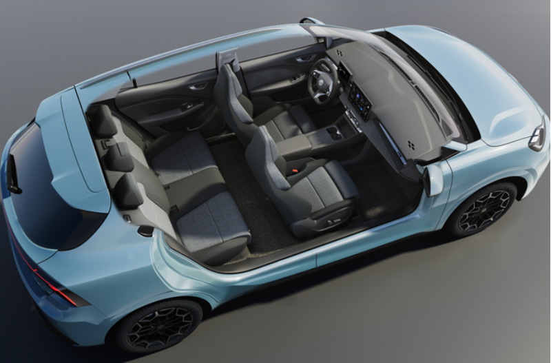 Top view of a light blue convertible car with four seats and a modern dashboard.
