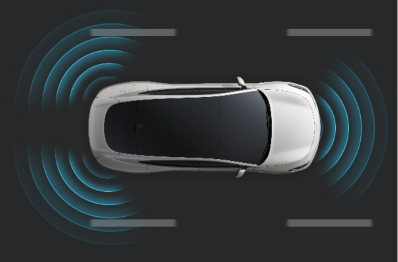 Top view of a car with illustrated radar signals around it.