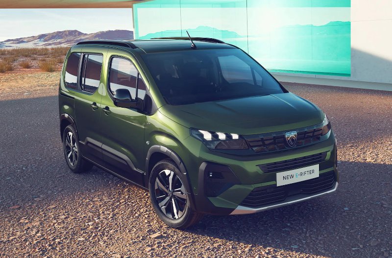 Green Peugeot e-Rifter parked on a gravel surface.