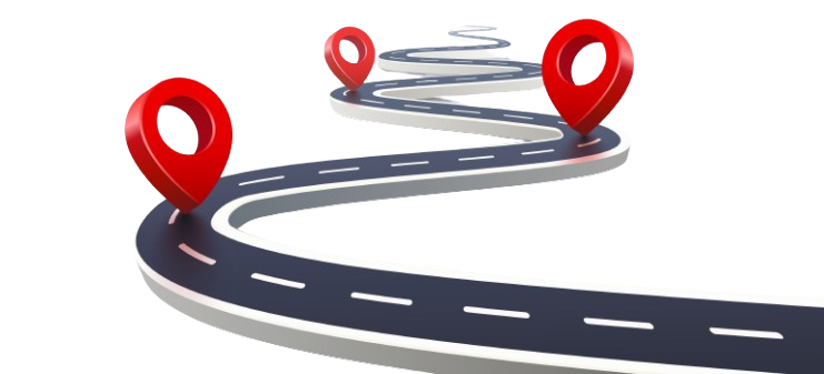 Winding road with red map location pins placed along its path.