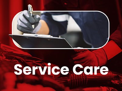 Mechanic with clipboard working on car engine, Service Care text overlaid.