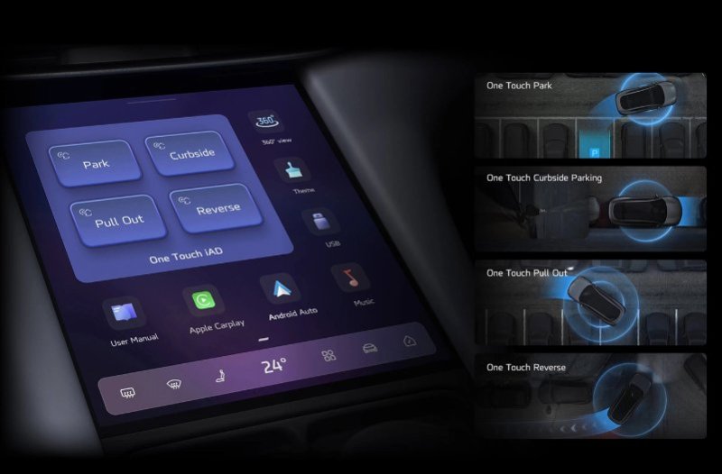 Car touchscreen with parking mode options: Park, Curbside, Pull Out, and Reverse.