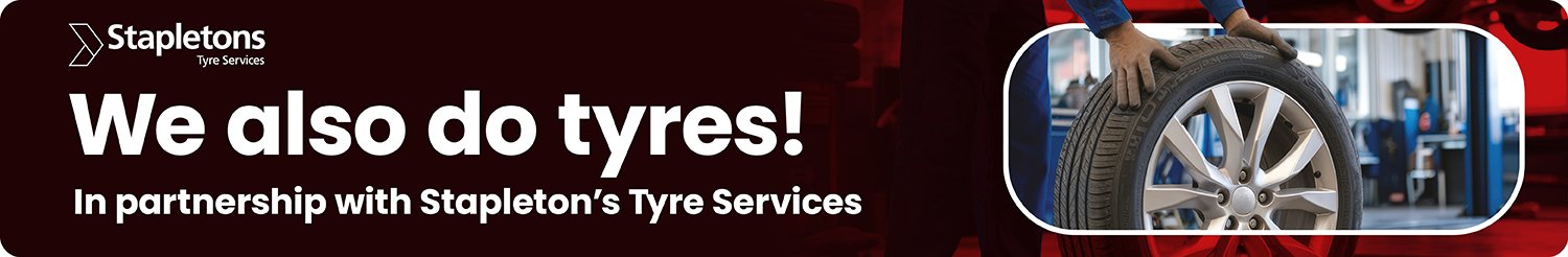 Banner: We also do tyres! In partnership with Stapleton's Tyre Services, tyre being fitted.