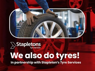 Person holding a car tyre, text reads: We also do tyres! Stapleton's Tyre Services partnership.