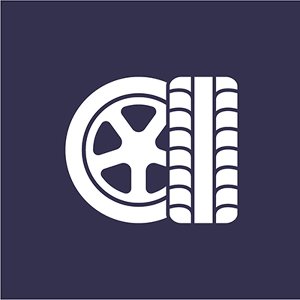 Icon of a car wheel and tyre in white on a dark background.