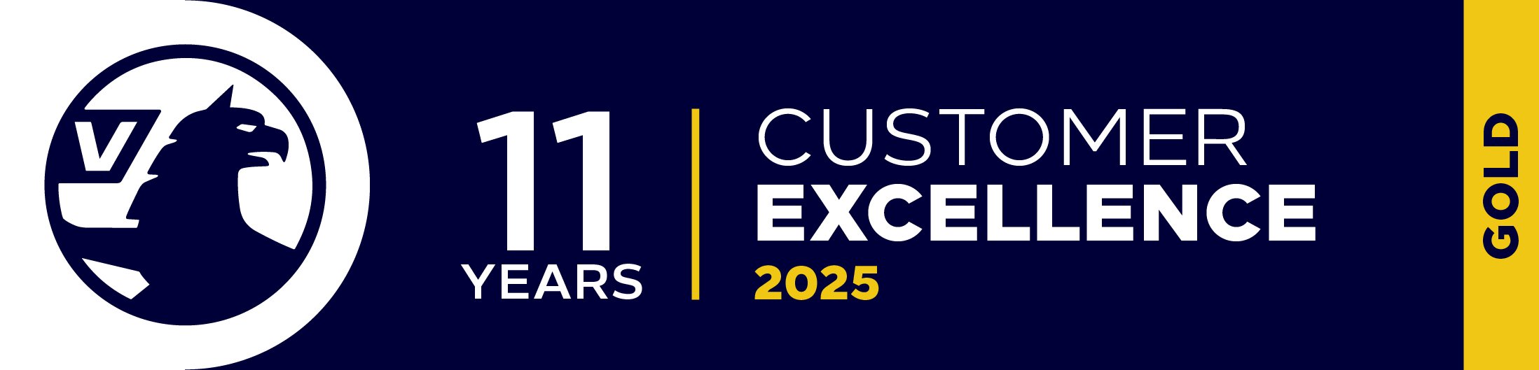 Logo with eagle, 'V', '11 Years Customer Excellence 2025', and 'Gold' text on the side.