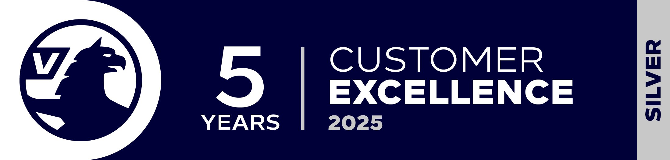 Award badge with an eagle logo, 5 Years Customer Excellence 2025 and Silver text.